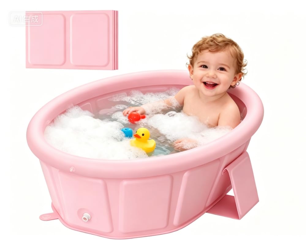Image of Baby Bathtub for Newborn to Toddlers 1-6 Y, Foldable Infants Babies Bath Tub with Non-Slip Base and Drain Plug, Portable Bathtub for Home Outdoor (Pink01)