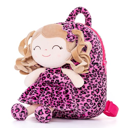 Image of Gloveleya Toddler Girls Backpacks Soft Doll Backpack for Kids Curly Hair Dolls for Girls in Rose Leopard Dress 9 inches
