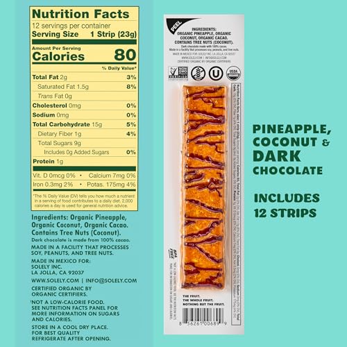 Image of SOLELY - Organic Pineapple Coconut Chocolate Drizzled Fruit Jerky - 12 Individually Wrapped Strips - Fruit Leather Made from Dried Fruit - Healthy Snacks for Adults & Kids - Vegan - 0.8oz (23g)