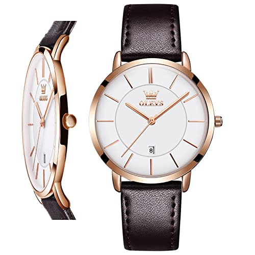 OLEVS Women Wrist Watches Ultra Thin 6.5mm Minimalist Dress Fashion Brown Leather Strap White Face Quartz Waterproof Date Day Slim Watches for Ladies