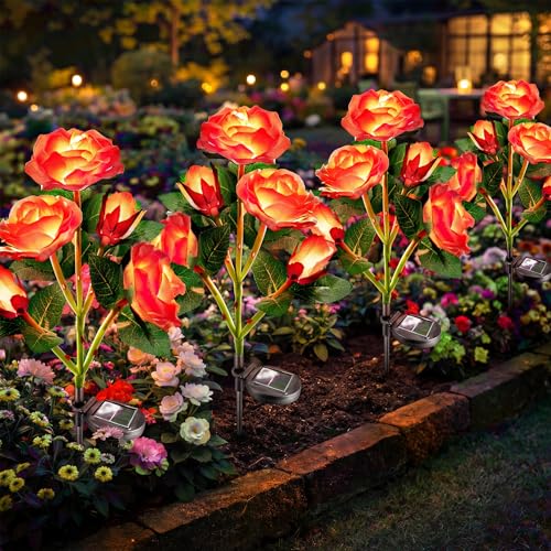 Image of Anordsem Solar Garden Lights Outdoor: 20 Waterproof Fabric Roses 4 Pack - Red LED Flower Decorations for Yard Patio Path Cemetery Grave - Mother's Day Gift for Her Women Mom Wife