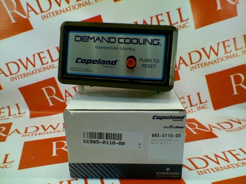 Copeland 985-0110-00 temperature control unit placed on top of its product packaging box. The box shows the Copeland logo and part number.
