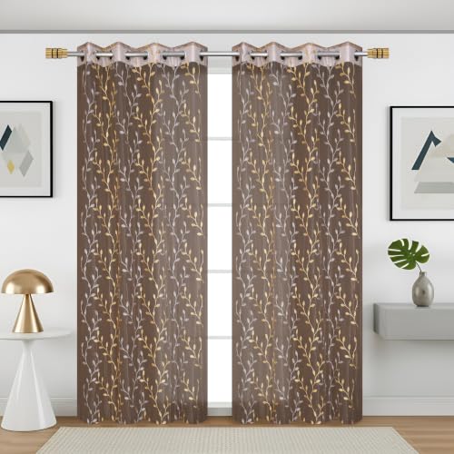 Image of Fabrilia Sheer Tissue Embroidery Curtain for Living Room, Bedroom & Dining Area | Leaf Vine Pattern Net Eyelet Curtain | Brown with Gold Touch Design | 9 feet Long Set of 2 Curtain