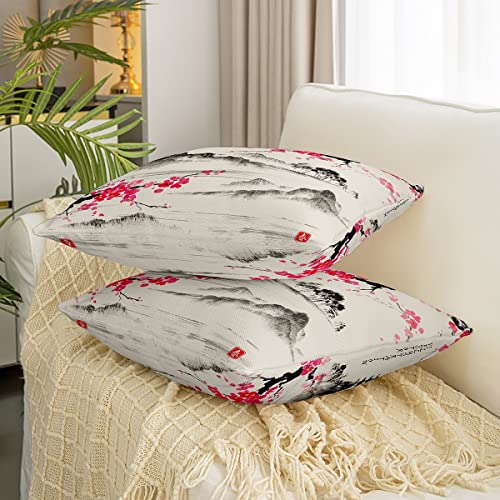 Set of 2 Japanese Style Throw Pillow Covers Japanese Ukiyoe Cushion Case for Home Living Room Decor Reversible Sakura Flower Traditional Retro Theme Pink Decorative Throw Cushion Case 16x16 Inch - Image 3