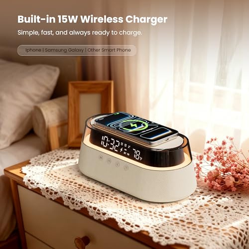 Image of 6-in-1 Bluetooth Speaker Alarm Clock with Remote, 15W Fast Wireless Charger, FM Radio & Dimmable LED Night Light, Dual Digital Clock for Bedroom Home Office, Ideal Gifts for Him, Men Women