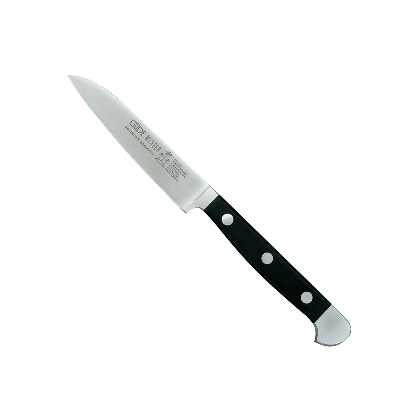 GÜDE Solingen - Steakmesser mit Zahn geschmiedet, Klingenlänge: 12 cm, Serie: ALPHA. - Doppelkropf, Handmade Germany, Griff: POM schwarz