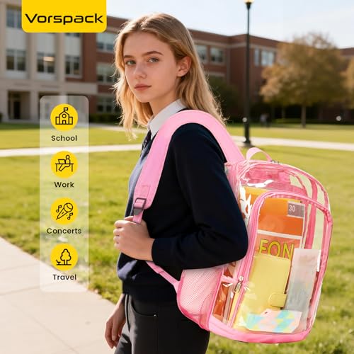 Image of Vorspack Clear Backpack for School, 16 inch Large Clear Bookbag - Pink | See Through Transparent Backpack for Girls Boys, 17L Large Capacity, PVC Materials, Padded Straps, Ideal for College, Work