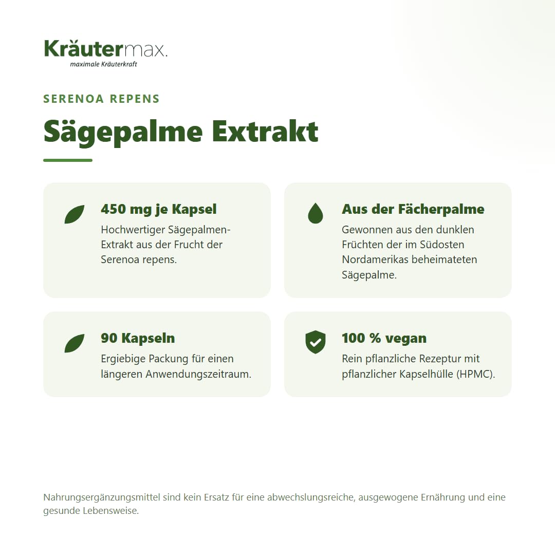 Kräutermax Sägepalmen Extrakt Kapseln 1 x 90 Stück, 450 mg, Vegan, Nahrungsergänzungsmittel