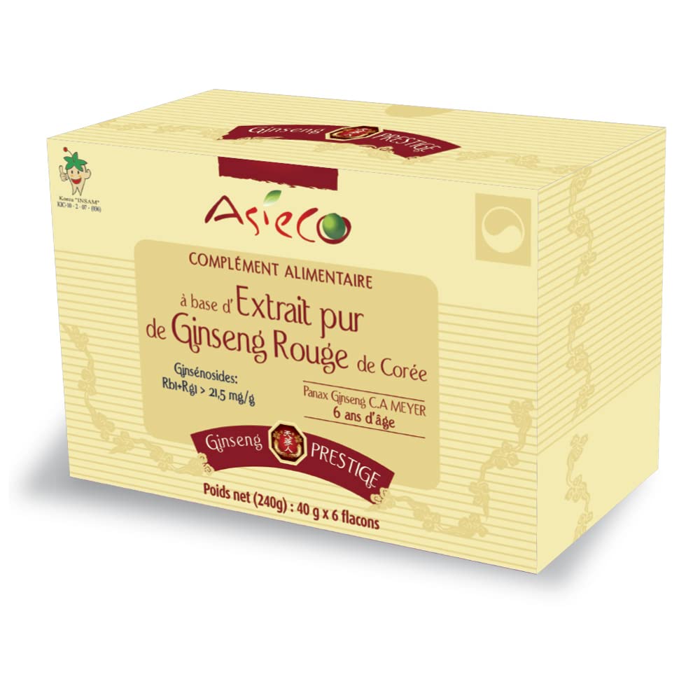 6 Flacons d'Extrait de Ginseng Rouge de Corée Prestige 40g - 100% Concentré de Racine de 6 ans d'âge - Produit de Qualité - Ginsénosides Rg1+Rb1>21.5mg/g minimum