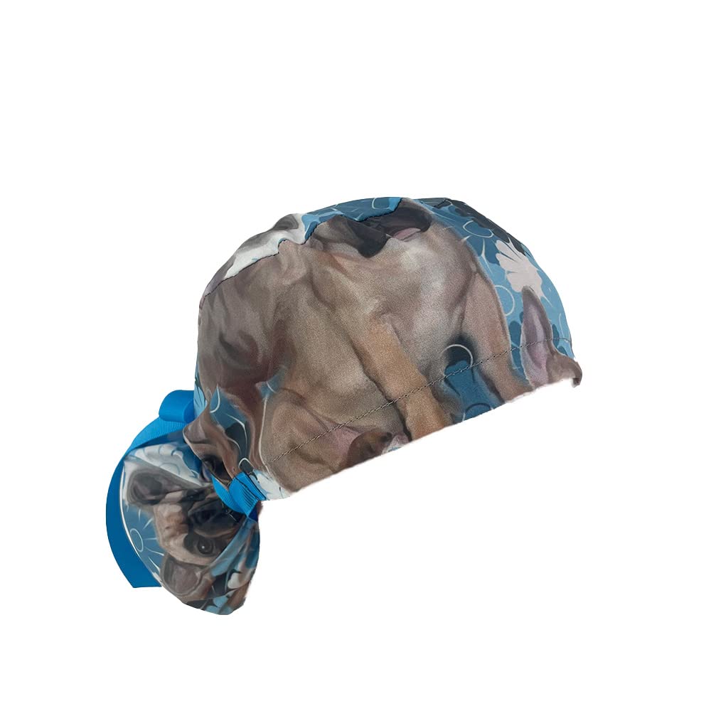 Ponytail Medical Scrub Cap. French Bulldog/Flowers.- Turn Up Ponytail Scrub Hats, Dr. Hats, Nurses Hats. Scrub Hat for Women & Men tie Back | Working Cap with Holder