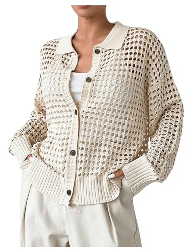 Women's Hollow Out Crochet Cardigan Sweater Collar Neck Button Front Cardigan Boho Loose Fit Casual for Summer Resort