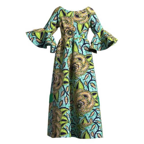 Image of iooiooi Womens African Print Party Maxi Dress Ankara Long Dress & Headwrap | Ankara Print Maxi Dress for Women,Flared Bell Sleeve Party Gown