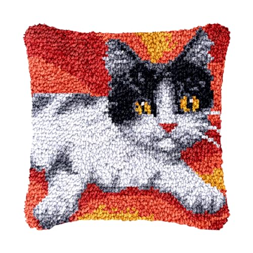 Image of bositigo Cat Latch Hook Pillow Kit for Adults & Kids, DIY Pre-Printed Canvas Craft, 17x17 Inch Decorative Cover for Sofa Cushions, Bedroom Decor (Cat Pattern 17)
