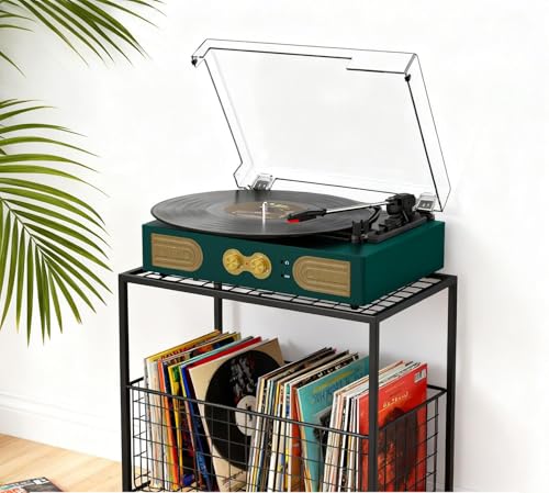 Image of Vinyl Record Player Vintage 3-Speed Turntable with Built-in Stereo Speakers, Bass /Treble Control, Headphone Jack, RCA Output,AUX Input, Belt-Driven LP Player, Green