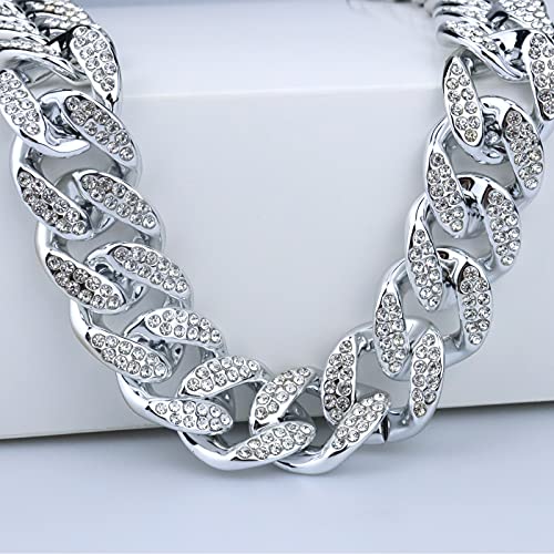 Plastic Shiny CZ Rhinestone Curb Cuban Link Chain Gold Silver Miami Hip Hop Chain Bling Diamond-Cut Chunky Turnover Necklace 80s 90s Costume Accessory for Men Women Unisex4