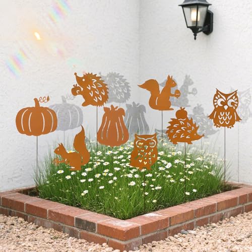 8er Gartendeko Rost für Draußen, Garten Herbstdeko Metall für Herbstdeko Draußen, Edelrost Rostoptik Gartendeko mit Igel, Eule, Kürbis, Eichhörnchen für Innen Blumentopf,Garten Deko, Bonsai (Herbst)