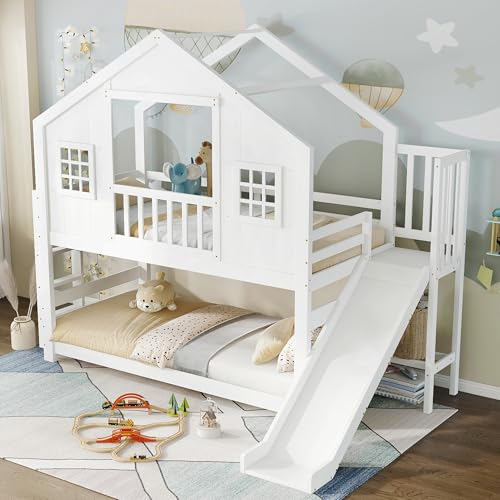 Yihomfy Lit Cabane Enfants 90x200, Lit Superposé Enfant, Lit Mezzanine 2 Places avec sommier à Lattes, Toboggan et Escalier, Protection Anti Chute, Blanc