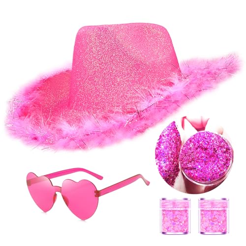 Image of SHENYI Glitter Cowgirl Hat with Heart Sunglasses Body Glitter Face Glitter Cowboy Hat for Women Men Music Festival Party