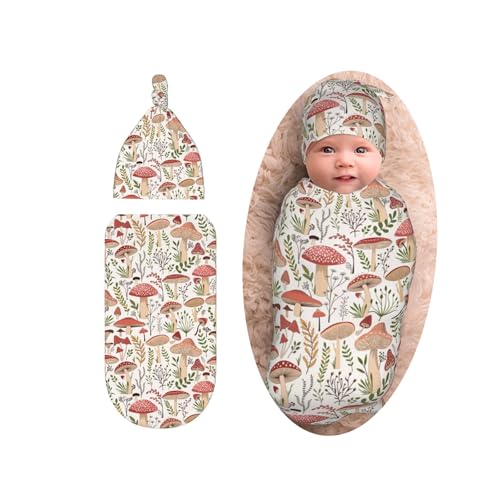 Image of Cute Mushroom Newborn Swaddle Blanket with Beanie Set, Soft and Stretchy Baby Blanket Swaddle Sack for Boy and Girl