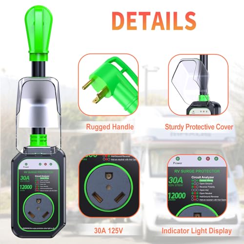 Image of GEARGO RV Surge Protectors 30 Amp, 12000 Joules RV Circuit Analyzer, IP68 Surge Voltage Protection, RV Adapter Plug for Camper (Green)