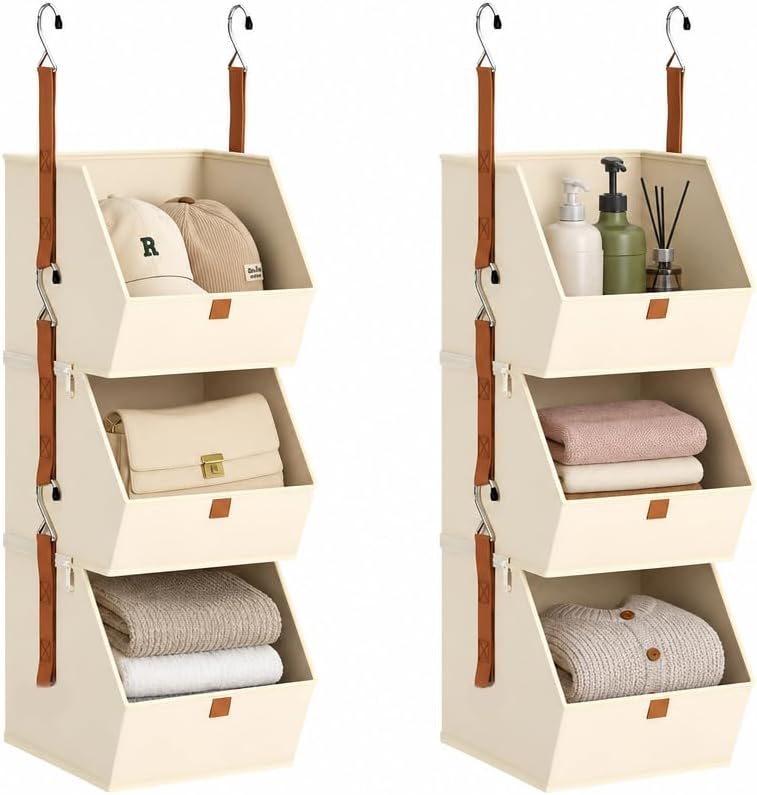 Hanging Closet Organizer 3 Tier - Hanging Shelves for Closet, Fabric Closet Organizers and Storage, Space-Saving Clothes Organizer System, Collapsible Bins for Home, Bedroom, Dorm, RV (6 Pack)