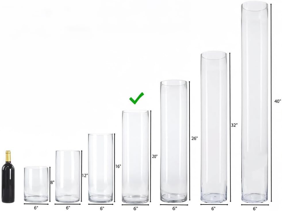 CYS EXCEL Cylinder Clear Glass Vase (H:20 D:6) | Multiple Size Choices Glass Flower Vase Centerpieces | Hurricane Floating Candle Holder Vase