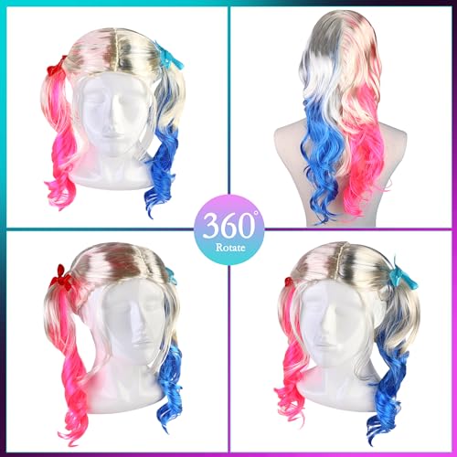 2Pcs Long Pink Blue Wigs for Women Curly Wavy Blonde Blonde Ombre Pink Blue Three Tone Synthetic Wig Half Colorful Hair with Wig Cap Anime Cosplay Wigs for Halloween Christmas Party Carnival - Image 3