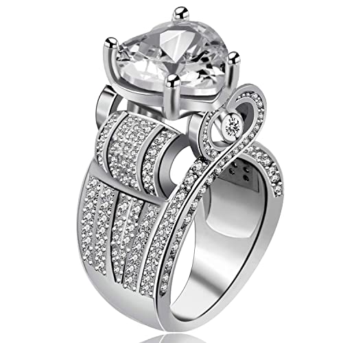 Uloveido Platinum Plated Big Love Heart Cubic Zirconia Wide Cluster Architecture Statement Rings Engagement (Size 6 7 8 9 10) Y429