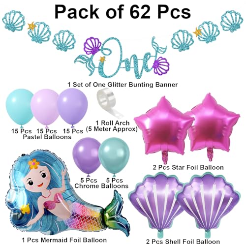Image of Rozi Decoration Mermaid Theme Birthday Decoration Kit 62 Pcs with Ocean Banner, Pastel Balloons, Star & Shell Foil Balloons and Balloon for Birthday Party Decoration