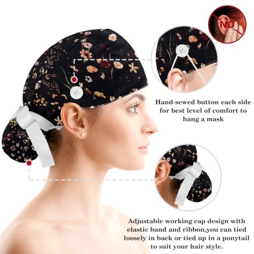 Image of Butterfly Scrub Cap Women with Ponytail & Buttons Adjustable Surgical Nurse Hat with Cotton Sweatband for Long Hair