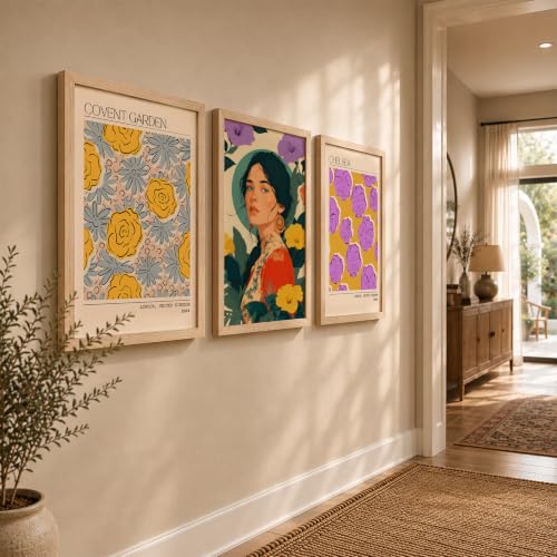 Image of NoWorries Modern Portrait Art & London Floral Wall Frames Paintings | Chelsea & Covent Garden Botanical 300 GSM Premium Prints | Stylish Home Decor for Living Room, Office & Bedroom | Synthetic Wooden Wall Art Frames (Set of-3) (NATURAL, ART-4, 25X37INCHES)