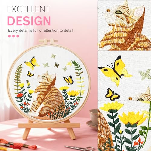 Image of Huacan Embroidery Kit for Beginners Adults Includes Stamped Cat Pattern, Hoop, Color Threads,Tools,Easy to Follow Instruction