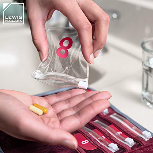 Image of Lewis N. Clark Travel Pill Organizer, for Vitamins, Medication, Prescriptions, Or Medicine Storage, 16 Slot Pouch, Red