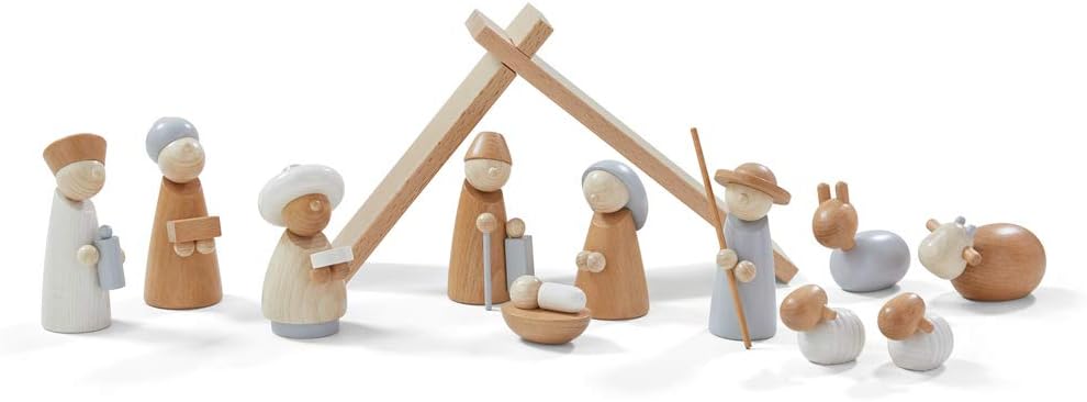 Wooden Nativity Set - Family Keepsake Manger Scene & Nativity Set for Kids in Natural Colors - 13 Sturdy Beechwood Pieces - Made in Germany