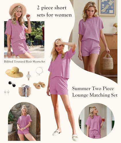 Image of MARZXIN Women 2 Piece Shorts Set 2026 Casual Summer Cruise Outfits Ribbed Loose Short Sleeve Pocket Matching Lounge Sets