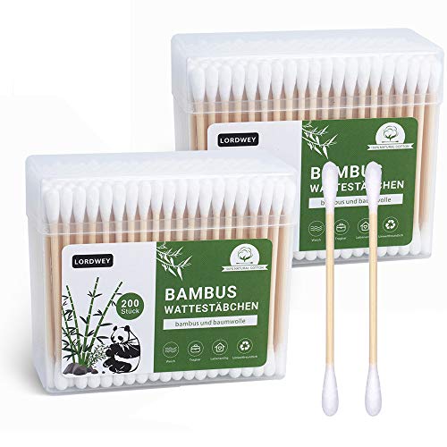 LORDWEY Cotton Swab Organic Double Cotton Bud, Cruelty-Free Cotton Swabs, Eco organic ear swab for Ear Skin Jewelry Art Pet Cleaning Craft (400 PACK, Round Tips)