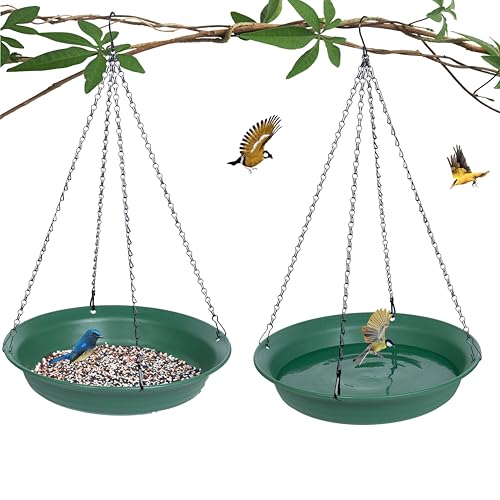 VUWEZ Hanging Bird Feeder & BirdBath for Outdoors, Wild Bird Feeders Tray, Hanging Birdbaths Trays for Outside, Cardinal, Blue Jay, Crow, Birdfeeders Outside (16", 1 Pcs with Hole & 1 Pcs No Hole)
