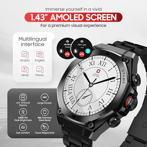 Image of Swiss Military DOM6 Smartwatch 1.43 inch AMOLED, Bluetooth Calling, Multi Language, Health & Sports Tracking, Wireless Charging, 7 Days Battery, IP67, iOS /Android Compatible,Gun Metal Frame & Strap