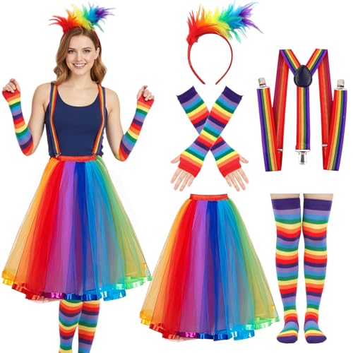 Crittygo Regenbogen Kostüm Damen Karneval Bunter Tüllrock Set mit Lang Feder Haarreif Hosenträger Socken, Regenbogen Rock Kleid für Fasching...
