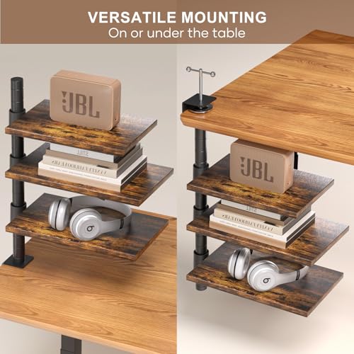 PawsWhirl 3 Tier Clamp On Desk Shelf - Over Or Under Table Clamp Shelf,360° Rotatable Desk Storage for Home Office, Gaming Devices,Storage Tray,and More, Rustic Vintage Brown Desktop Shelves by PawsWhirl - Image 3