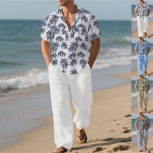 Ensemble en lin homme deux pièces élégant imprimé palmier taille ample - 2