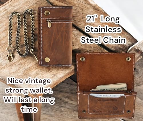 F&L CLASSIC Leather Chain Wallet for Men - RFID Blocking Snap Closure Biker Wallet with Steel Chain for Truckers,USA,brown,420-204