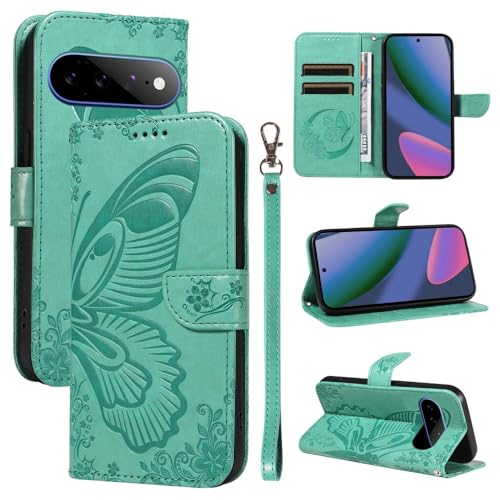 Étui portefeuille Google Pixel 7A cuir vert antichoc rabat magnétique papillon