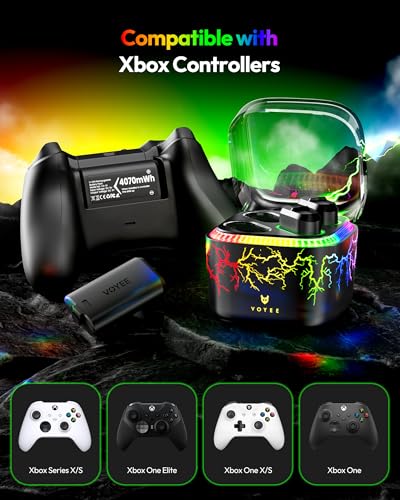 Image of VOYEE Xbox Controller Battery Pack with 7-Color LED Lights, 4x4070mWh Rechargeable Battery, 4-Slot Fast Charger for Xbox One /S /X /Elite /Series X|S, Over Current /Voltage /Short Circut-Lightning-Black