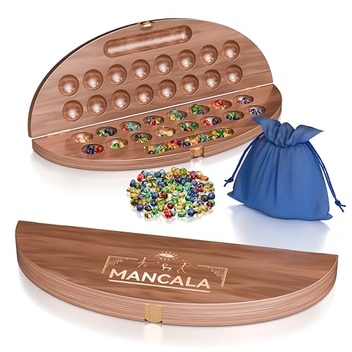 Juego de Mesa Mancala de Madera, Clásico para 2 Jugadores, Juego Plegable con Tablero de Madera Sólida y Fichas de Vidrio Multicolor