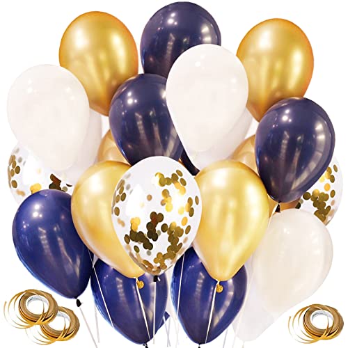 MAILEKT 70 PCS Ballons Bleu Marine et Or, 12 Pouces Ballon Bleu Blanc Dore, Ballon Bleu et Blanc Hellium, Confettis Bleu Marine, Kit Ballon Bleu Marine pour Decoration Fete