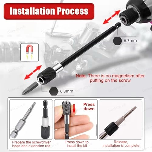 Image of Sunkizzrs 3-Pcs Magnetic Bit Holder 1 /4 inch (6.35mm) Hex Shank - Quick Release Screwdriver Extension Bar - 60+100+150mm Length Self-Locking Drill Bit Holder for Handheld Drivers or Power Drill