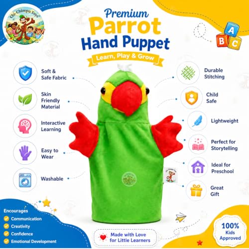 Image of Parrot Hand Puppet for Kids | Soft Plush Animal Puppet | Educational Storytelling Toy | Interactive Role Play | Preschool Learning | Gift for Boys & Girls