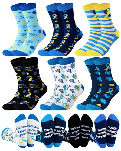 Croloose 6 Pairs Down Syndrome Awareness Month Socks Blue Yellow Ribbon Crew Socks Down Syndrome Awareness Gift for Adults(Classic Style)