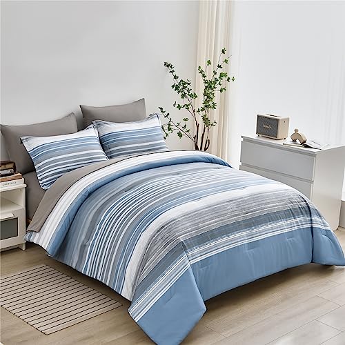 KAKIJUMN 7 Piece Bed in a Bag Stripe Comforter Set Full Size, White Grey Blue Striped Comforter and Sheet Set, All Season Soft Microfiber Complete Bedding Set(Light Blue,Full)